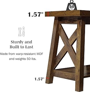 End Table Tiered Storage Rustic Brown Finish X-Frame Square Wood Farmhouse