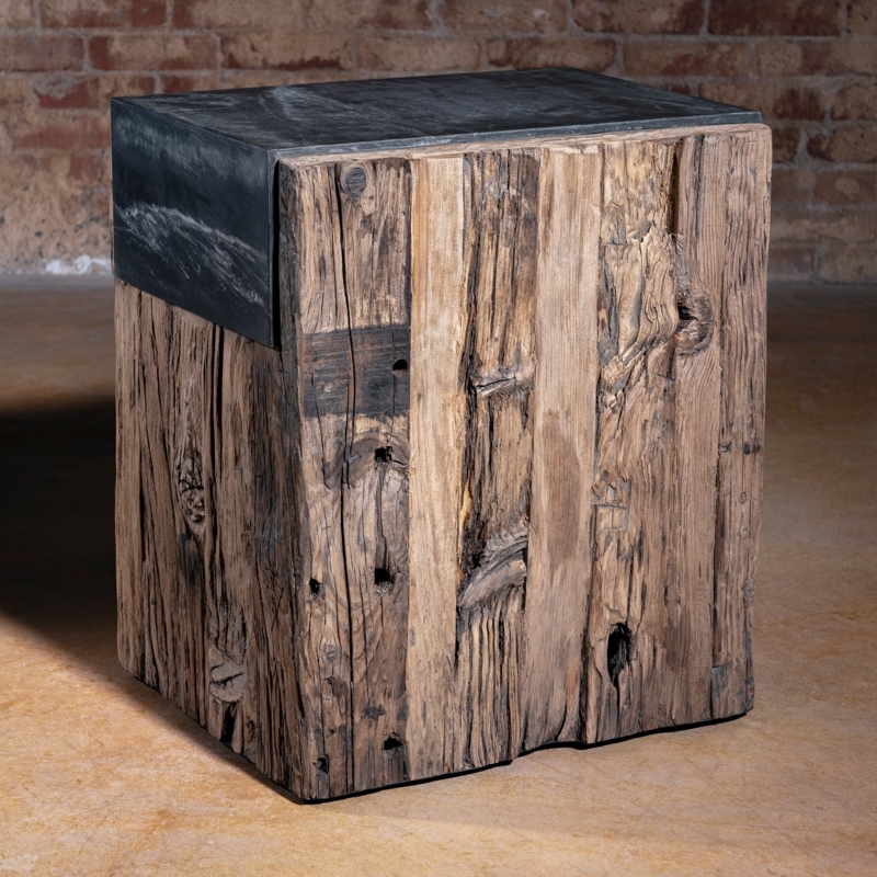 End Table Timber Block Base Metallic Top Surface Weathered Patina