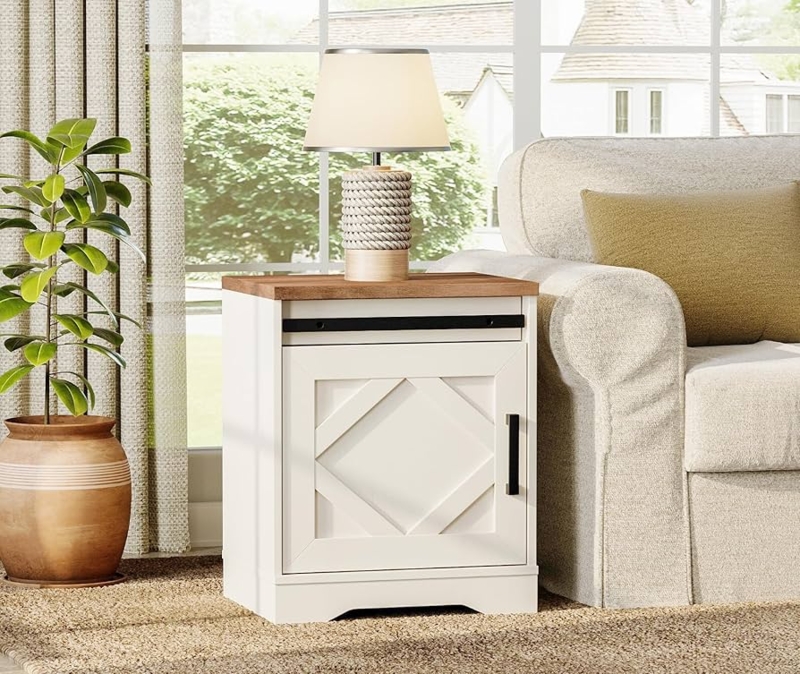 End Table Top Drawer Round Gold Knobs Cream White Matte Storage