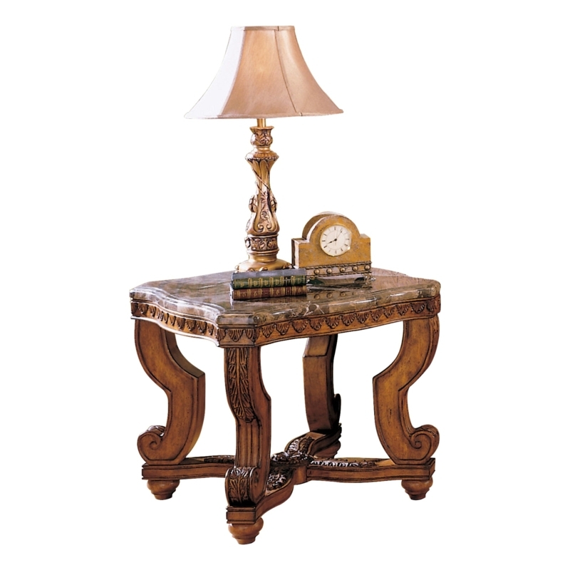 End Table Traditional Beveled Marble Top Burnished Cherry Finish