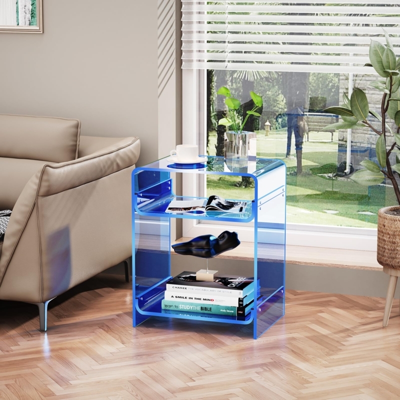 End Table Translucent Blue Acrylic with Vertical Vinyl Record Storage