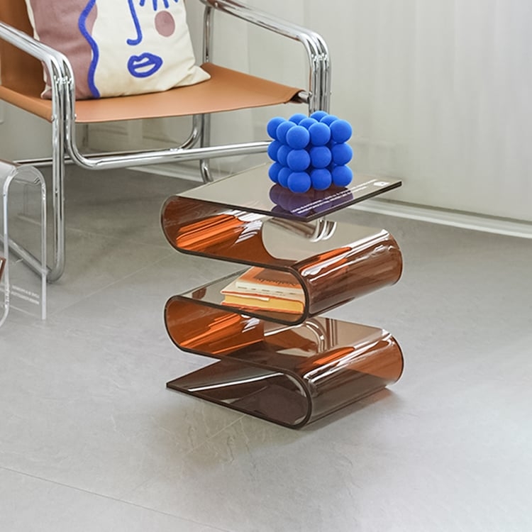 End Table Translucent Brown Wavy S-Shape with Magazine Storage
