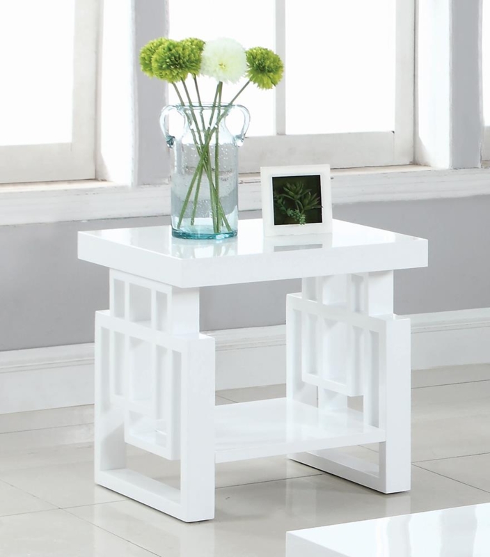 End Table Trellis Side Panels Glossy White Single Drawer Storage