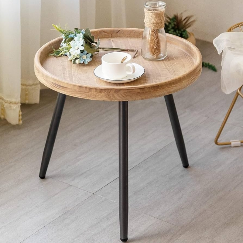 End Table Tripod Base Natural Wood, Minimalist Round Tray Side Table