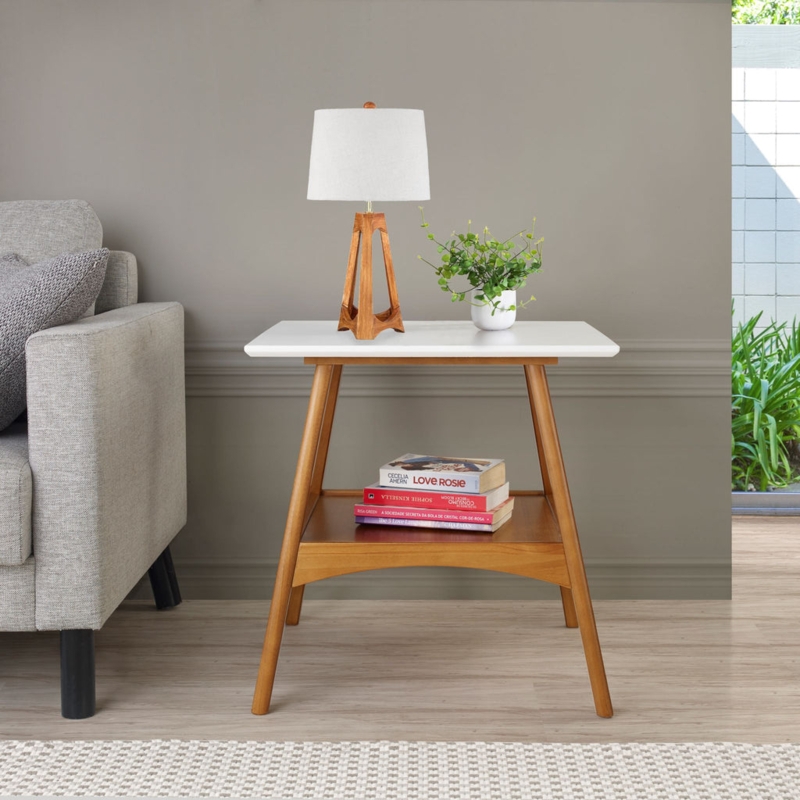 End Table Tripod Base Round Top Two-Tone White and Wood Finish