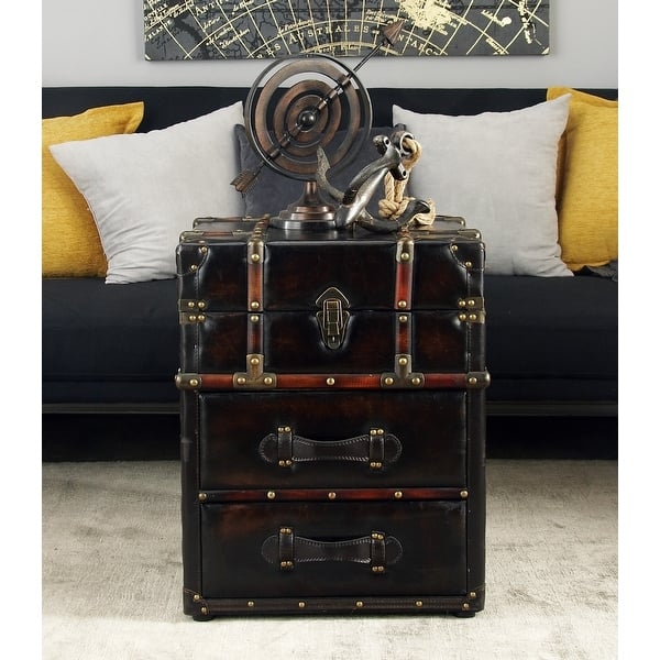 End Table Trunk Style Dark Brown Buckle Hinged Top
