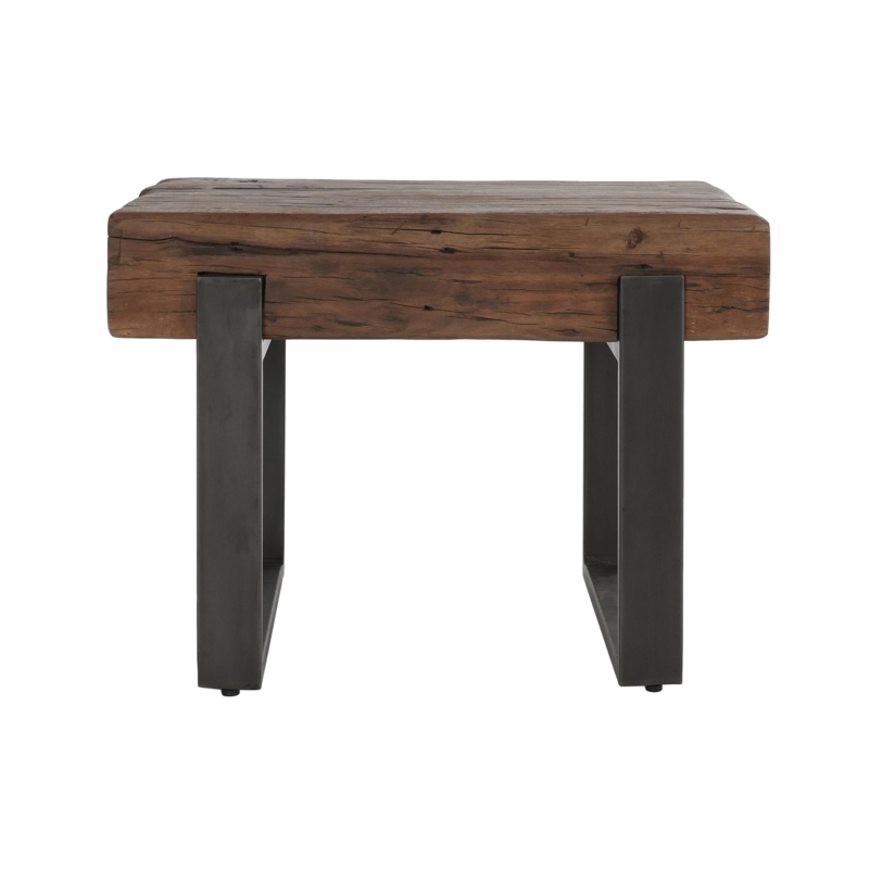 End Table Turned Pedestal Base Round Planked Top Distressed Brown