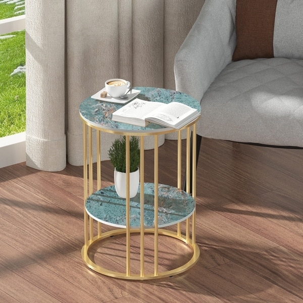End Table Two-Tier Black Marble Pattern Gold Tripod Legs Glam Layout