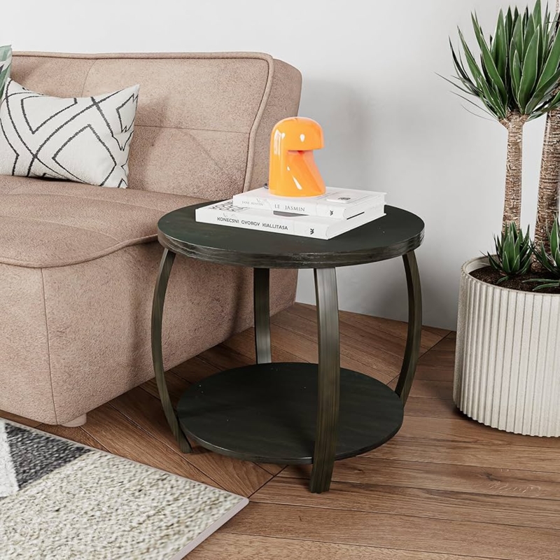 End Table Two-Tier Design Matte Black Two-Tier Round End Table