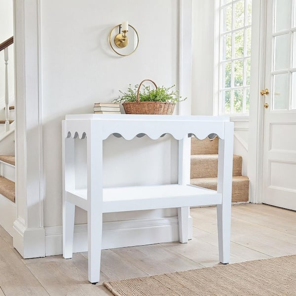 End Table Two-Tier Design White Scalloped Edge End Table
