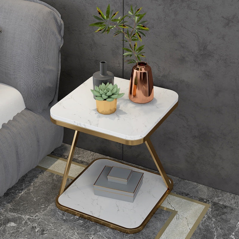 End Table Two Tier Marble Top Metal Mesh Shelf Rounded Square