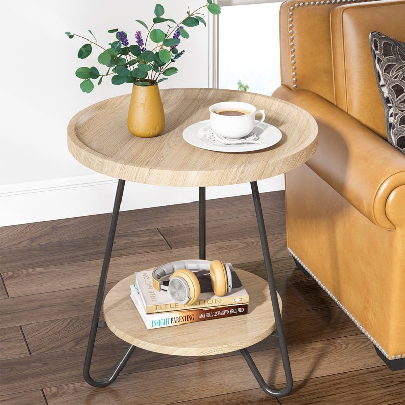 End Table Two Tier Round, Industrial Round Side Table