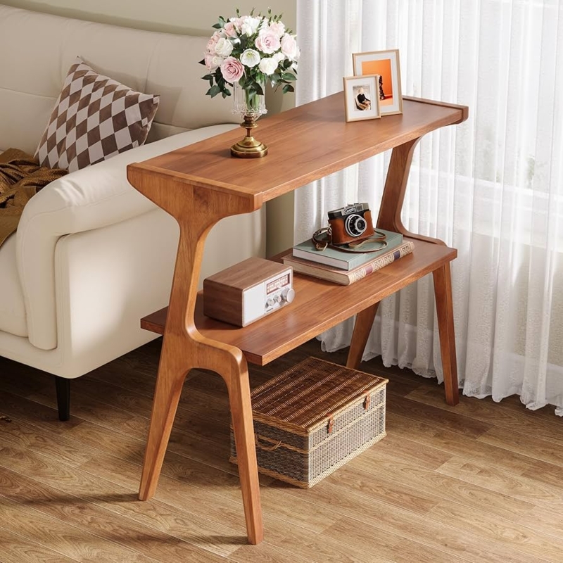 End Table Two Tier Storage Walnut Finish Mid Century Modern Bedside Table