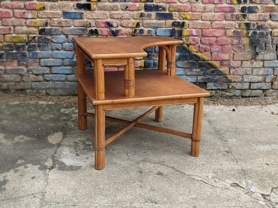 End Table Two-Tiered Triangular Corner Faux Bamboo
