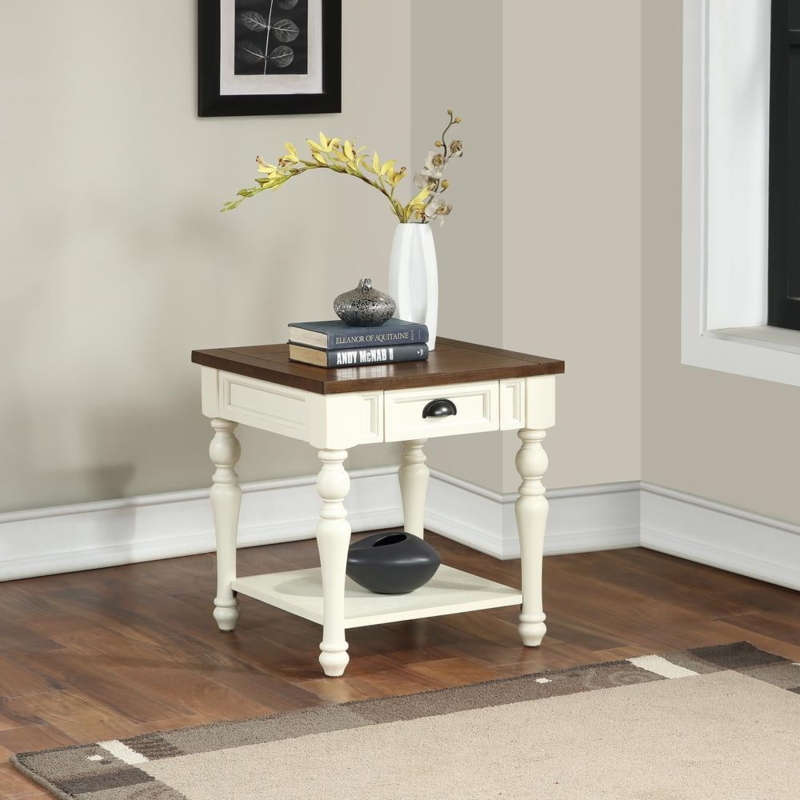 End Table Two Tone Farmhouse Ivory and Mocha Brown with Drawer