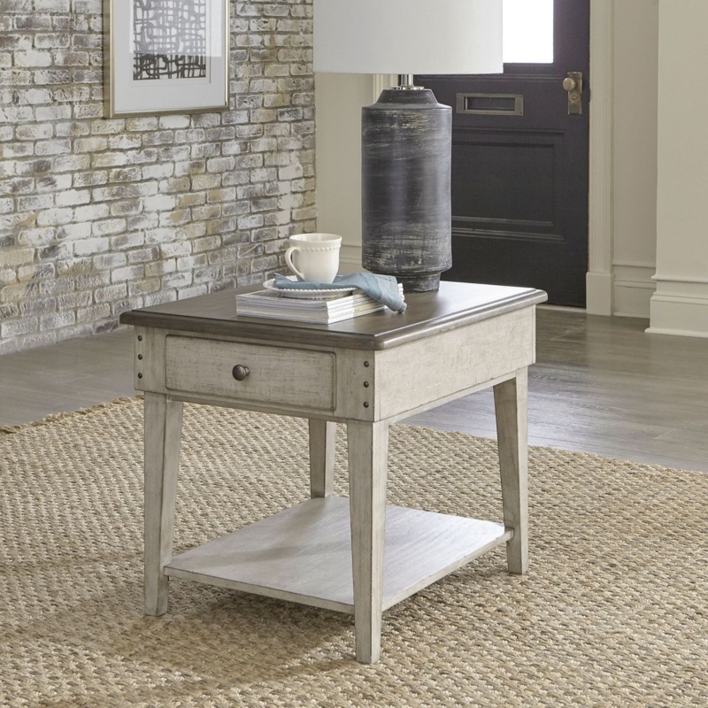 End Table Two-Tone Finish Turned Legs Weathered Linen Ring Pull