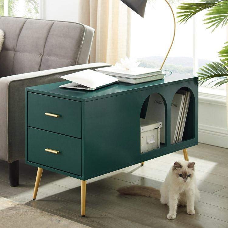 End Table Two-Tone Sage Green And Wood, Gold Hardware Storage
