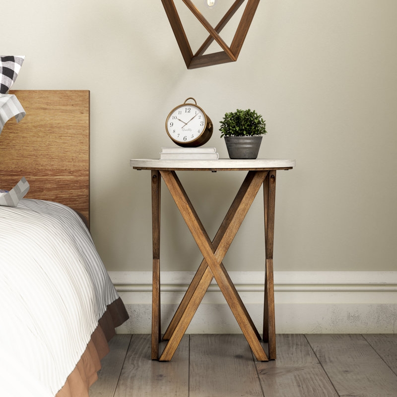 End Table Two-Tone White Wood Round Cross-Brace Boho Style