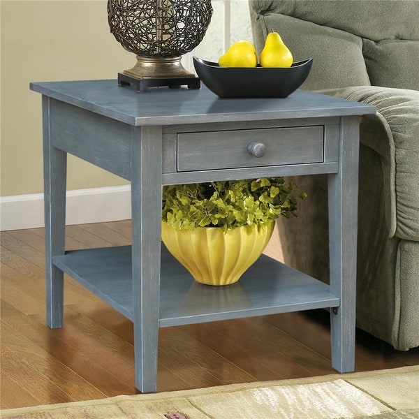 End Table Unfinished Look Lower Shelf Square Legs Natural Wood Shaker