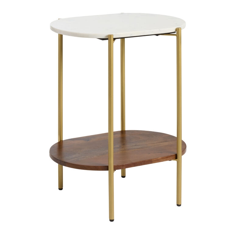 End Table Veined Top, White Stone-Like Oval Surface, Wood Frame Shelf.
