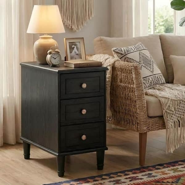 End Table, Vintage Black Distressed Wood With Ring Pulls