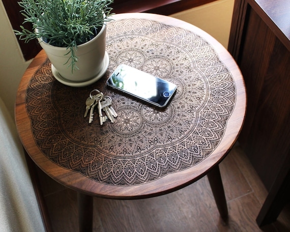 End Table Vintage Style with Engraved Geometric Starburst Drawer