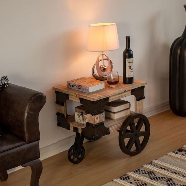 End Table Wagon Style Handles Rolling Wheels Two Tier Farmhouse Rustic