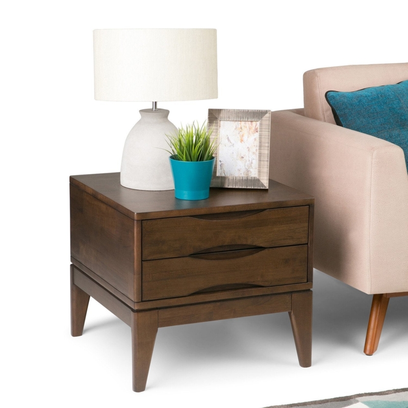 End Table Walnut Brown Recessed Handle Drawer Lower Shelf