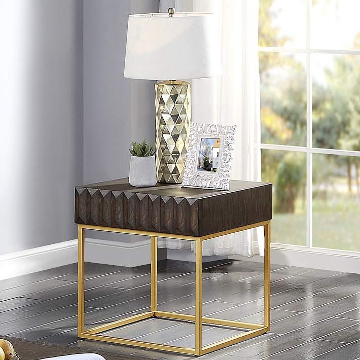 End Table Walnut Wood Top Gold Metal Frame Open Frame Recessed Top