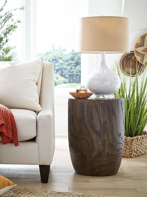 End Table Warm Wood Decorative Banding Rustic Modern Drum End Table