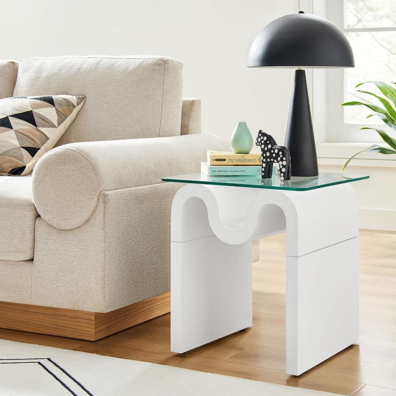 End Table Wavy Squiggle Base, Glass Top, White Finish, Retro Style.