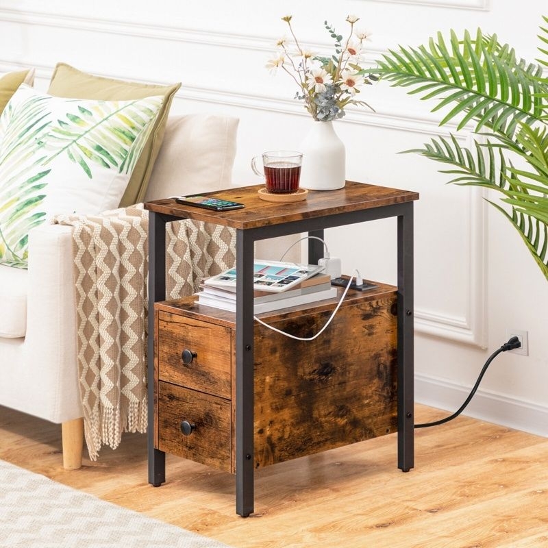 End Table White End Table With Outlets Two Drawers Tapered Legs Minimalist