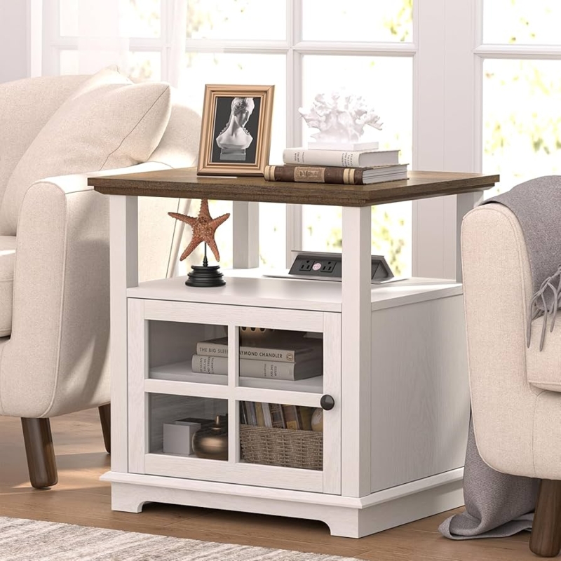 End Table White Farmhouse with Louvered Cabinet and Charging Station