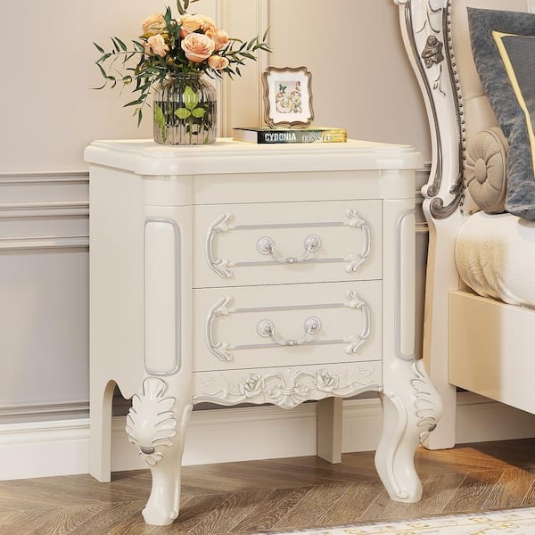 End Table White Finish Glam Nightstand With Gold Legs Two Drawers