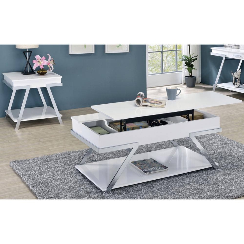 End Table White High Gloss, Polished Chrome X-Base Frame, Contemporary.