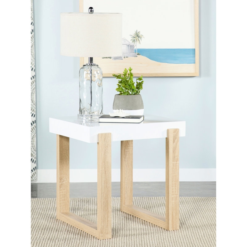 End Table White High Gloss Sled Base Open Storage
