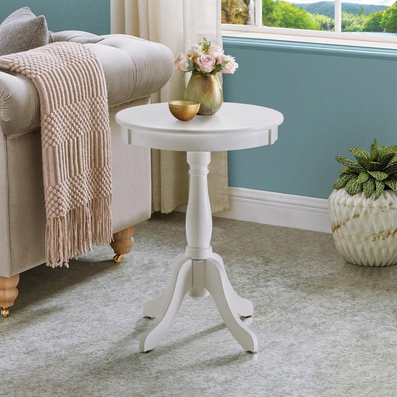End Table White Round Turned Pedestal Traditional Cottage