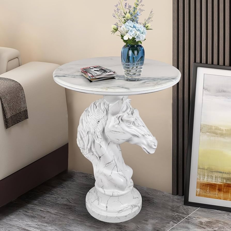End Table White Sculptural Horse Head Base Faux Marble Top