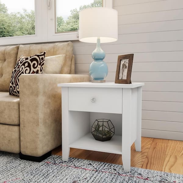 End Table White Traditional End Table Drawer Lower Shelf Painted Finish