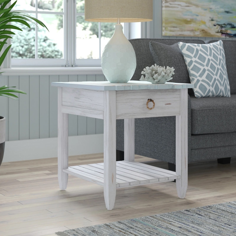 End Table Whitewashed Finish with Drawer, Coastal Whitewashed End Table