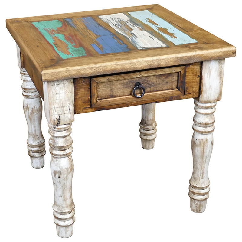 End Table, Whitewashed Turned Legs, Multi-Color Plank Top, Farmhouse
