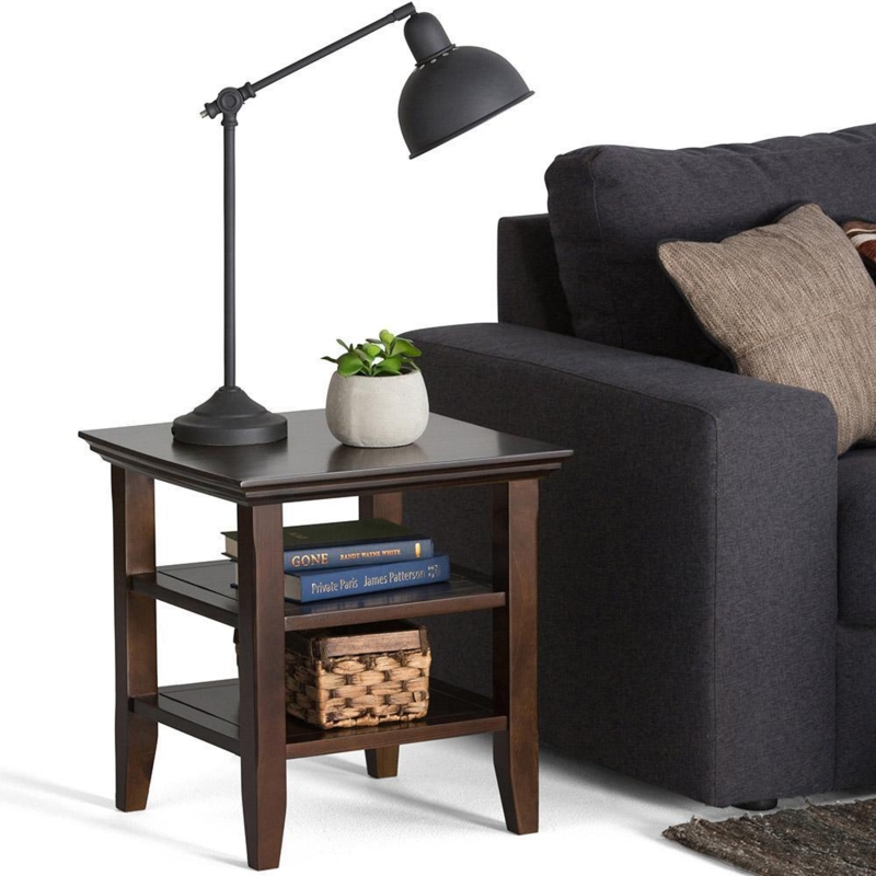 End Table with Aged Brown Finish, Rustic Single Drawer and Molded Edge.