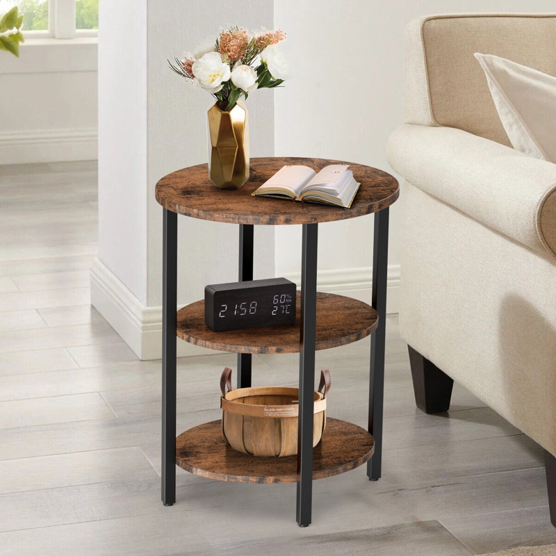 End Table with Black Metal Frame: Rustic 3-Tier Oval Wood