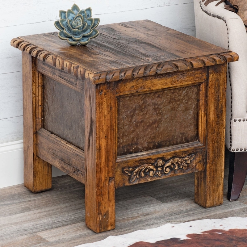 End Table with Carved Landscape Front and Single Drawer Lodge Style