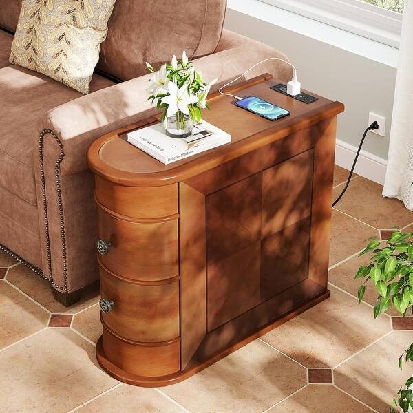 End Table With Charging Station Dark Brown Wood Two Drawers USB Ports