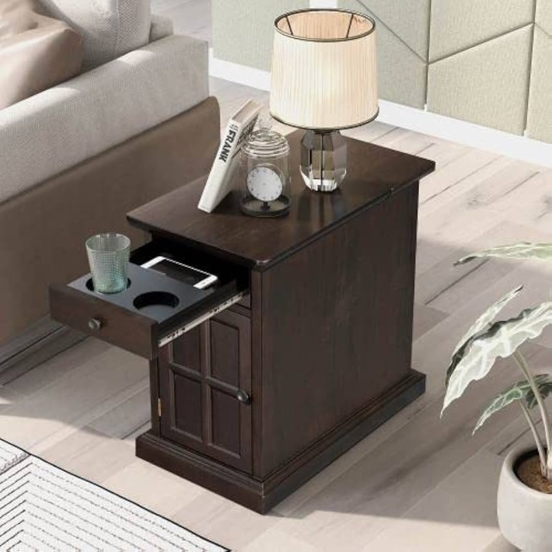 End Table with Cup Holders and Outlets, Espresso X-Frame Design