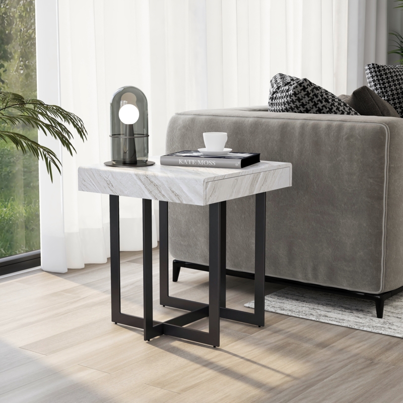 End Table with Faux Marble Top, Contemporary Grey Drawer