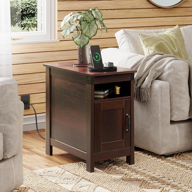 End Table with Flip Top Charging Station, Narrow Industrial Style