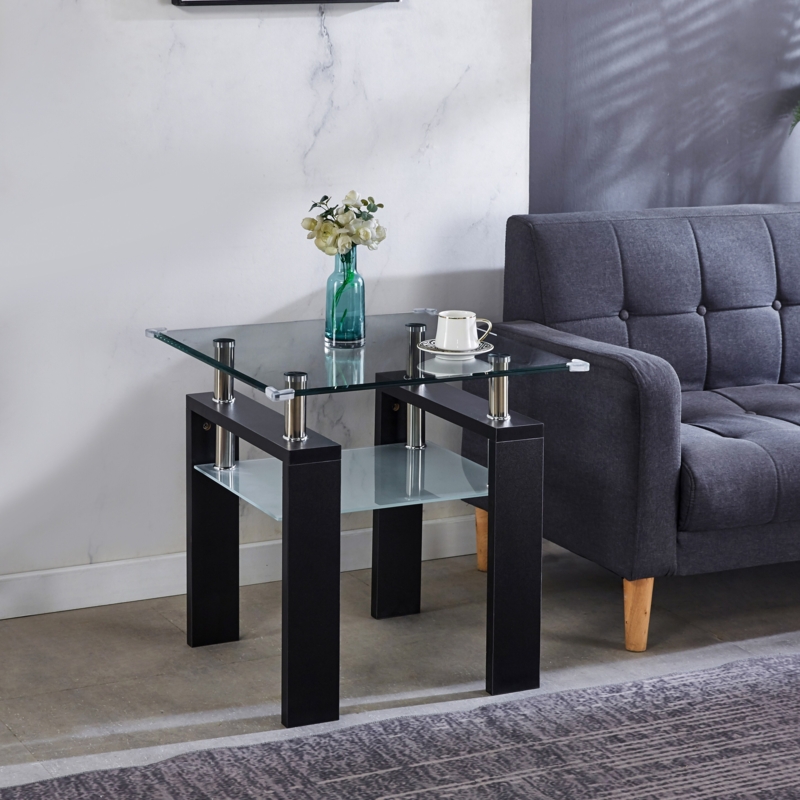 End Table with Frosted Glass Shelf, Glossy Top, Chrome Metal Frame.
