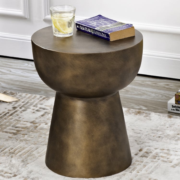 End Table with Gear Inspired Base in Antique Bronze, Industrial Table